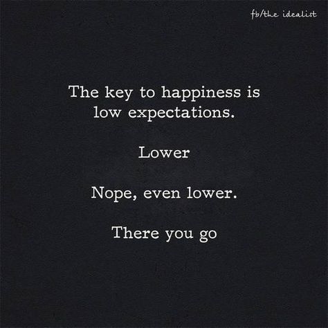 The key to happiness is low expectations. Lower. Nope, even lower. There you go Expectations Quotes, Low Expectations, Expectation Quotes, The Key To Happiness, Moral Values, Let You Go, Key To Happiness, Poetry Words, Ecards Funny