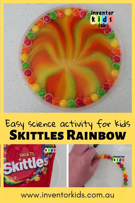 Looking for an easy and entertaining science activity for your kids? ✨Introducing our Skittles Rainbow experiment that's sure to delight their senses! Discover the magic of colors and create your own vibrant rainbow. Ready to start the journey with your little scientists? Get the instructions on Inventor Kids website! 🌈🧪 Skittles Science, Skittles Rainbow, Skittles Experiment, Science Activity For Kids, Rainbow Science, Rainbow Experiment, Kids Stem Activities, Science Experiment For Kids, Kids Lab