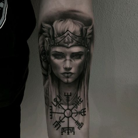 Done @ Venlig Hilsen, Aarhus, Denmark #forearm #forearmtattoo #realism #realistic #norse #norsemythology #valkyrie #blackandgrey #vegvisir #viking #rose Viking Tattoo Ideas, Tattoo Ideas For Woman, Tattoo Ink Colors, Viking Warrior Tattoos, Norse Mythology Tattoo, Small Wave Tattoo, Valkyrie Tattoo, Viking Tattoo Sleeve, See Tattoo