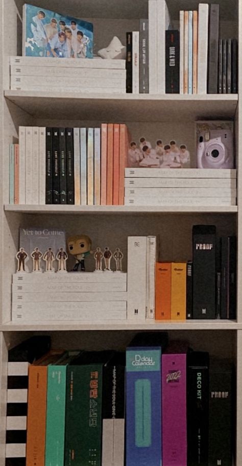 my bts album collection and more Bts Shelf, Future Bedroom Ideas, Bookshelf Inspiration, Army Room Decor, Album Collection, Study Desk Decor, Army Room, Library Room, Bedroom Decor Inspiration