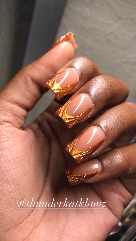 Burnt Orange Nails Black Women, Brown Shorties Acrylic Nails, Short Orange Fall Nails, Tortoise Shell French Tip Nails Square, Simple November Nails Short, Fall Acrylic Nails Black Women, Nude And Orange Nail Designs, Burnt Orange Prom Nails, Rust And Gold Nails