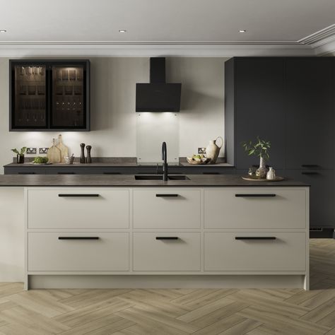 If you are looking for modern kitchen ideas, two tone kitchen ideas or in-frame kitchen ideas then have a look at our Hockley Super Matt Sandstone In-Frame cream kitchen cabinets and Hockley Super Matt Charcoal In-Frame black kitchen cabinets. This modern in-frame cream kitchen and in-frame black kitchen is the perfect addition to a contemporary home design. Pair with oak herringbone kitchen flooring, a black compact laminate worktop and black bar handles. Kitchen Ideas Cream Color, Cream Kitchen With Black Worktop, Cream Kitchen Cabinets Black Handles, Beige Black Kitchen Modern, Beige Kitchen With Black Handles, Black And Sand Kitchen, Cashmere Kitchen Black Worktop, Cream Kitchen With Black Accents, Kitchen Ideas Black Worktops