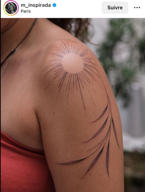 Sunshine Shoulder Tattoos For Women, Shoulder Sun Rays Tattoo, Boho Shoulder Tattoo, Tattoos Shoulder Women, Back Shoulder Tattoos For Women Unique, Around Shoulder Tattoo, Sun On Shoulder Tattoo, Shoulder Tattoo Placement, Top Shoulder Tattoo