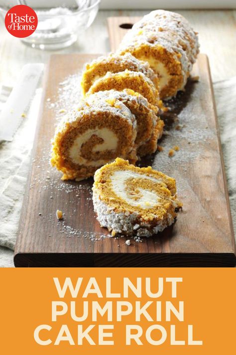 Walnut Pumpkin Cake Roll Libbys Pumpkin Roll, Classic Fall Desserts, Jelly Roll Cake, Pecan Pumpkin, Pumpkin Rolls, Pumpkin Roll Cake, Pumpkin Rolls Recipe, Roll Cakes, Cake Roll Recipes