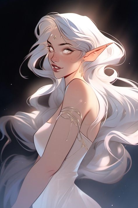 Elf Woman White Hair, Dnd Princess Character, Winter Eladrin Female Dnd, Elf Oc Art, Dnd Cleric Character Design, White Haired Elf, Fae Character Design, Dnd Fae, Enchantress Aesthetic