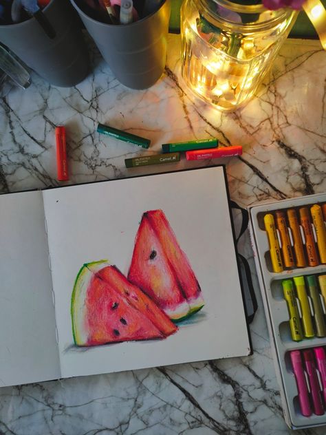 Still Life Drawing Colour Oil Pastel, Watermelon Oil Pastel, Oil Pastel Still Life, Pastel Still Life, Watermelon Drawing, Watermelon Illustration, Watermelon Painting, Oil Pastel Colours, Colour Wheel