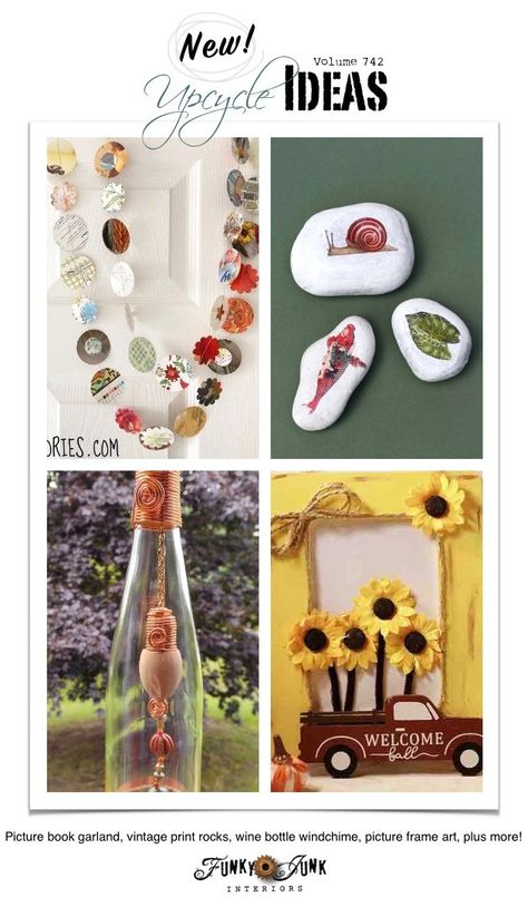 New Upcycle Ideas 742 - Funky Junk InteriorsFunky Junk Interiors Fall Picture Frame, Large Wooden Spools, Book Page Garland, Repurposed Projects, 3d Sunflower, Empty Picture Frames, Welcome Pictures, Wine Bottle Wind Chimes, Frame 3d