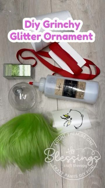 Colette L. Baran on Instagram How To Make Glitter Christmas Bulbs, Grinch Ornaments Diy, Grinch Clear Ornament Ideas, Tin Decorations, Grinch Glitter Ornament, Diy Grinch, Craft Therapy, Glitter Ornaments Diy, Grinch Ornaments