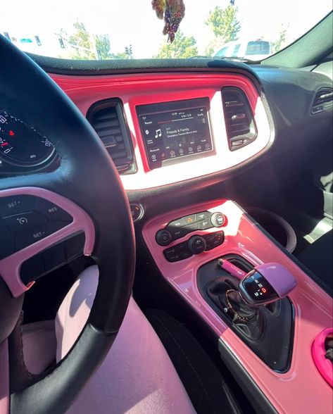 Girly Dodge Charger, Dodge Challenger Pink Interior, Dodge Charger Girly Interior, Dodge Charger Interior Accessories, Pink Dodge Charger Interior, Dodge Charger Interior Ideas, Black Car Pink Accents, Dodge Charger Mods, Dodge Charger Interior