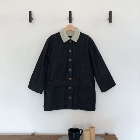 Ilana Kohn Mabel Sherpa Jacket in Darkest Denim (XS) Ilana Kohn, Japanese Cotton, Sherpa Jacket, Sherpa Lined, Dark Denim, Denim Button Up, Button Up Shirts, Collar, How To Wear