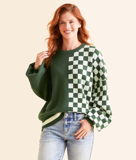 Blu Pepper Checkered Sweater - Women's Sweaters in Hunter Green | Buckle Crochet Checkered Sweater Pattern, Checkered Sweater, Open Weave Sweater, Cool Clothes, Sweater For Women, Women's Sweaters, Open Weave, Pattern Sweater, Accessories Clothing