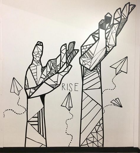 tape mural of two hands Tape Mural, Mural Drawing, Tape Wall Art, School Murals, Bedroom Murals, Tape Art, Art Curriculum, Murals Street Art, Collaborative Art