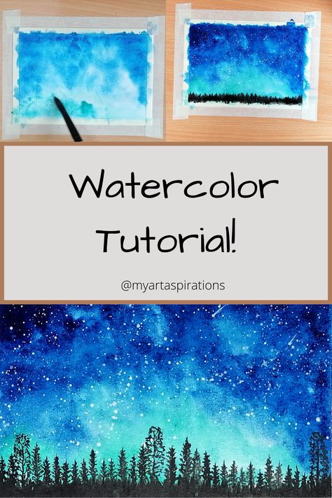 How To Paint Starry Night Watercolor, How To Draw A Starry Night Sky, Watercolour Starry Night, Watercolour Northern Lights Tutorial, Watercolor Glow Effect, Night Sky Watercolor Tutorial, Watercolour Night Sky Tutorial, Night Sky Watercolor Paintings Easy, Watercolor Northern Lights Tutorial