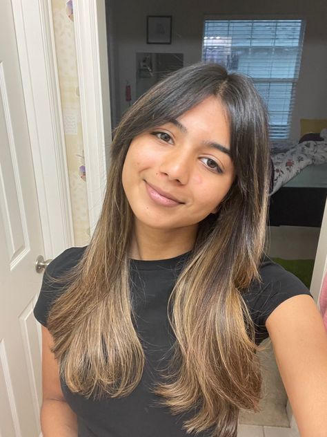 Balayage On Dusky Skin, Dark Brown Hair With Wispy Curtain Bangs, Brown Highlights Indian Hair, Balayge Curtain Bangs Dark Hair, Hair Color With Highlights For Morena, Bangs And Balayage Brunettes, Indian Curtain Bangs, Indian Dyed Hair, Curtain Bangs Indian Hair