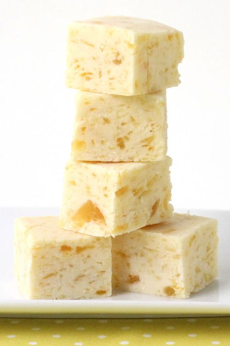 This easy pineapple fudge can be made using just four ingredients without a candy thermometer. The fudge is smooth and creamy and bursting with pineapple flavor. #fudge #candy #desserts #pineapple Pineapple Fudge, Desserts Pineapple, Fantastic Fudge, Fudge Candy, Homemade Fudge Recipes, White Chocolate Fudge, Oh Fudge, Chocolate Covered Marshmallows, Handmade Candy