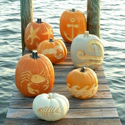 Carved pumpkins from Coastal Living. From crab to starfish to anchor, and more. http://www.completely-coastal.com/2012/10/decorated-pumpkins-ideas.html Coastal Fall, Photos Bff, Fall Beach, Carved Pumpkins, Coastal Holiday, Jack O'lantern, Theme Halloween, Halloween Snacks, Fall Holidays