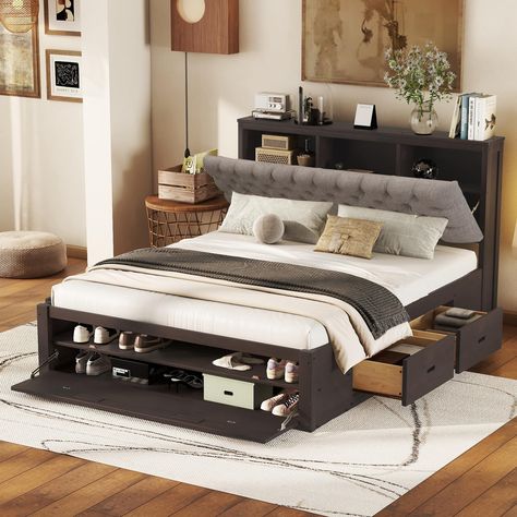 Queen Bed Frame With Storage Drawers, Full Platform Bed With Storage, Queen Bed Design Ideas, Low Frame Bed, Queen Beds For Small Rooms, Bed Arrangement Ideas, Bedframes With Storage, Homemade Bed Frame With Drawers, Lifted Platform Bed Storage