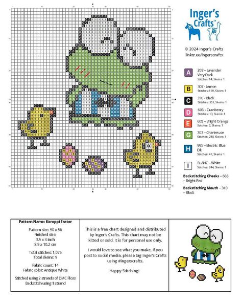 I know that many people are partial to Hello Kitty, but my favorite Sanrio character has always been Keroppi. What is not to love about this adorable frog! So I wanted to create a free mini cross stitch pattern featuring him. You can stitch just Keroppi or add the eggs and chicks to make a cute Easter piece. If you want to download the PDF file you can check out my linktree in the bio. #ingerscrafts #crossstichersofinstagram #crossstitching #crossstitch #crossstitcher #crossstitchpattern ... Sanrio Cross Stitch, Easter Cross Stitch, Cross Stitch Freebies, Free Chart, Mini Cross, Easter Cross, Mini Cross Stitch, Chart Design, Cross Stitch Patterns Free