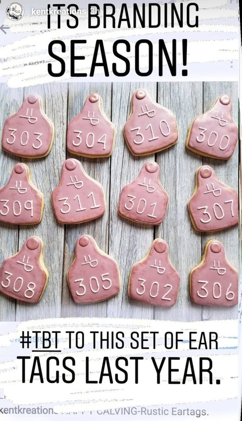 Cow Ear Tag Cookies Decorated, Farmhouse Cookies Decorated, Cow Tag Cookies Decorated, Ear Tag Cookies, Western Sugar Cookies, Sweet 16 Food Ideas, Cow Cookies, Happy Birthday Cookie, Cow Baby Showers