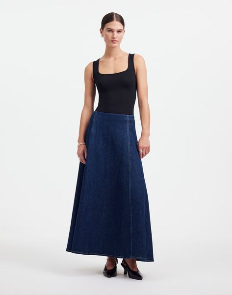 Alexa Chung | Madewell Flare Midi Skirt, Madewell Skirt, Jeans Bags, Midi Flare Skirt, Build A Wardrobe, Denim Maxi Skirt, Alexa Chung, Madewell Denim, Denim Flares