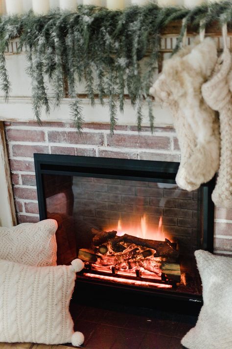 Connecticut life and style blogger Lauren McBride shares her Christmas Cottage Living Room for the 2018 Christmas season. Double Sided Electric Fireplace, Salons Cottage, Real Fireplace, Best Electric Fireplace, Easy Home Improvement Projects, Lauren Mcbride, Cottage Living Room, Christmas Cottage, Cottage Living Rooms