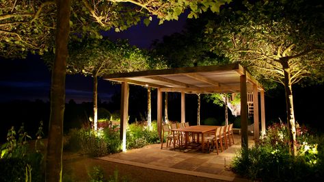 Garden Pergola Dining Area, Pergola Lighting Ideas Night, Pergola Dining Area, Pergola With Lights, Tree Pergola, Pergola Lighting Ideas, Marcus Barnett, Pergola Lights, Ombra Pergola