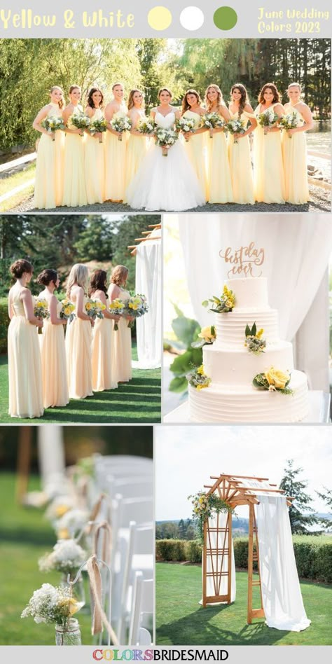 June Wedding Ideas, Pastel Yellow Bridesmaid Dresses, Hunters Wedding, Pale Yellow Weddings, Light Yellow Weddings, June Wedding Colors, Pink Yellow Weddings, Bridesmaid Dresses White, Wedding Palettes