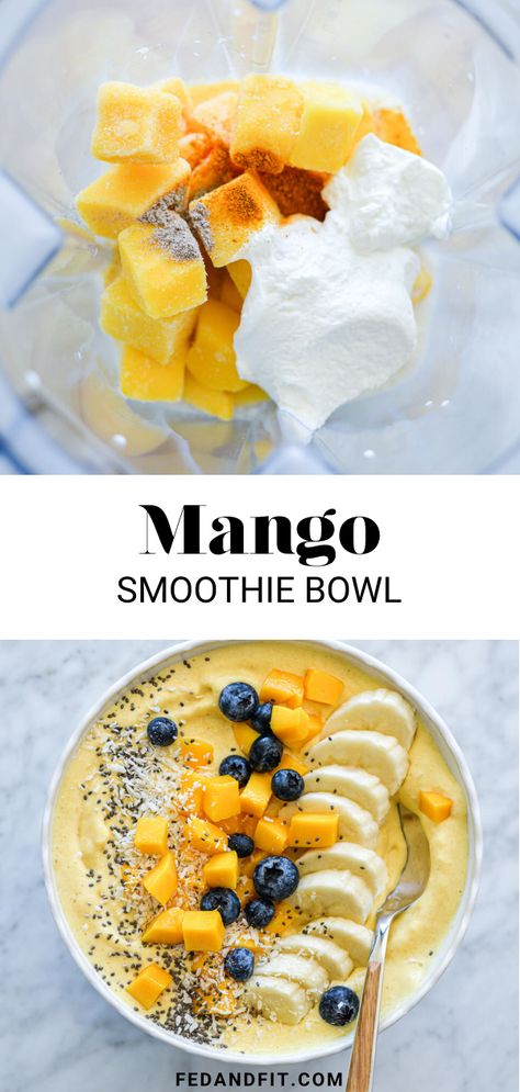 Luxurious Mango Smoothie Bowl - Fed & Fit Smoothie Bowl Recipe Without Banana, Smoothies Without Bananas, Easy Mango Smoothie, Coconut Water Recipes, Smoothie Bowls Recipe Easy, Clean Smoothies, Smoothie Without Banana, Coconut Aesthetic, Bowl Recipes Easy