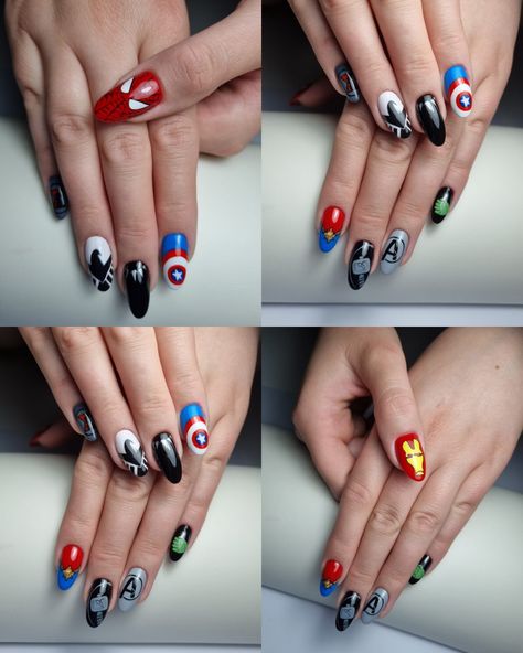 Black panther black widow capitan america Avengers Acrylic Nails, Disney Marvel Nails, Iron Man Nail Art, Marvel Nails Designs Easy, Super Hero Nails Designs, Marvel Avengers Nails, Iron Man Nails Designs, Superhero Nails Marvel, Marvel Gel Nails