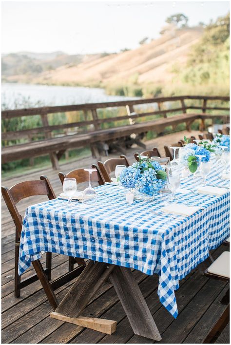 Blue Checkered Tablecloth Table Settings, Blue Gingham Tablescape, Hydrangea Rehearsal Dinner, Blue Rehearsal Dinner Decor, Rehearsal Dinner Backyard, Low Country Boil Rehearsal Dinner, Summer Rehearsal Dinner, Sf Aesthetic, Picnic Table Wedding