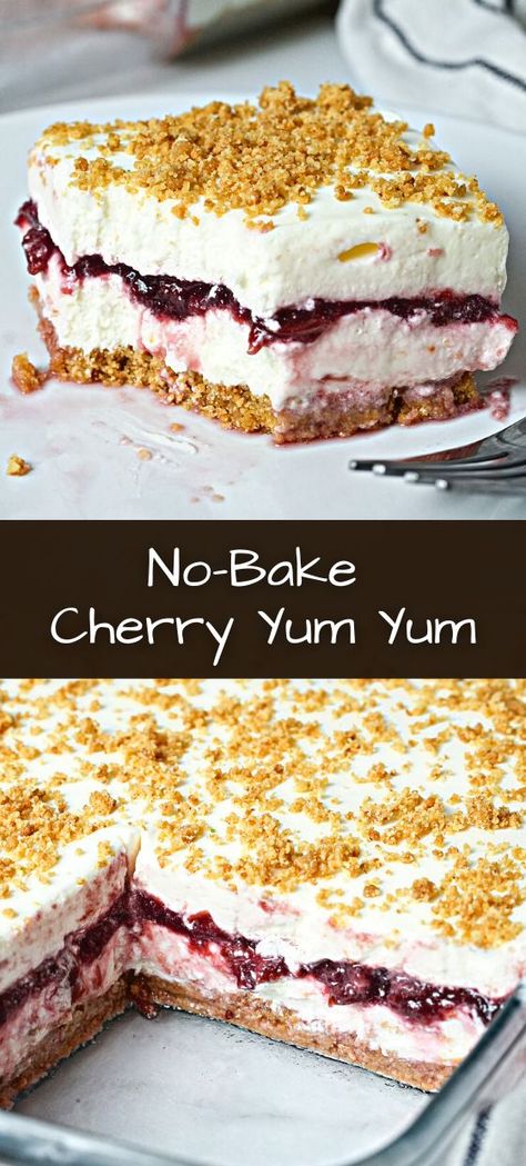 Cherry Icebox Pie, No Bake Cherry Yum Yum, Fall Cherry Desserts, Cherry Icebox Cake, Classic Cherry Delight Recipe, Cherry Yum Yum Recipe Easy, Frozen Cherries Recipes, Easy Cherry Desserts, Lazy Desserts