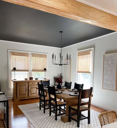 40 Black Dining Room Ideas That Will Convince You to Repaint Room With Black Ceiling, Dark Ceiling Light Walls, Black Dining Room Ideas, Contemporary Farmhouse Living Room, Black Ceilings, Shiplap Living Room, Light Walls, Wood Plank Ceiling, Dark Ceiling