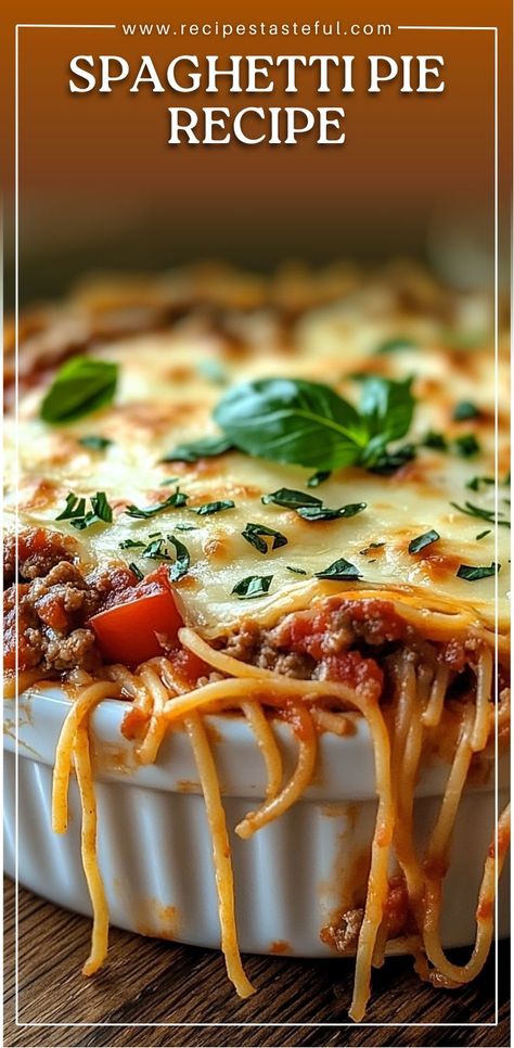 Spaghetti Pie is a delicious and hearty dish that combines the flavors of baked spaghetti, savory meat sauce, and a creamy ricotta filling. The spaghetti crust holds everything together perfectly, creating a satisfying meal that’s both comforting and easy to prepare. Topped with mozzarella cheese, this pie is perfect for a family dinner or a special gathering. Sauce With Ricotta Cheese, Spaghetti Pie Recipe, Spaghetti Pie Recipes, Ricotta Filling, Spaghetti Pie, Baked Spaghetti, Oven Cooking, Meat Sauce, Satisfying Food