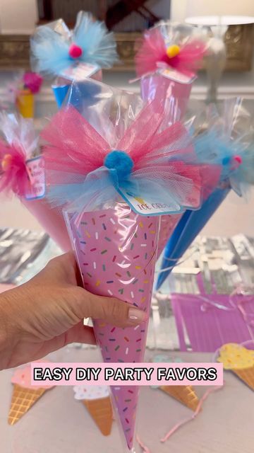 Candy Cones Party Favors, Dollar Tree Party Favors, Cricut Party Favors, Party Favor Food, Candy Ribbon, Edible Party Favors, Ice Cream Party Theme, Easy Party Favor, Candy Themed Party