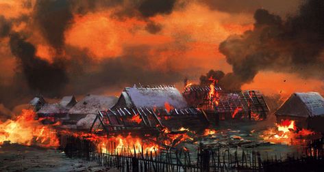 Burning Village Art, Burning Village, The 10th Kingdom, Burning City, Village Map, Fantasy Village, Village Art, Hunting Art, Landscape Concept