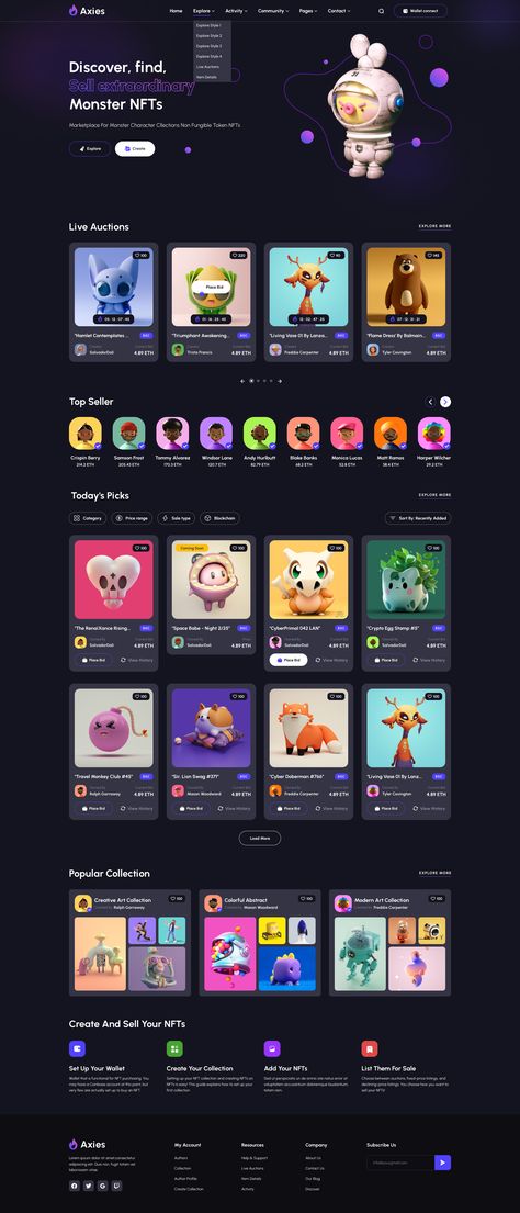 Axies | NFT Marketplace Figma template Preview - ThemeForest Css Cheat Sheet, Figma Template, App Interface Design, Digital Web, Html Website Templates, Ui Design Website, Nft Marketplace, Homepage Design, App Interface