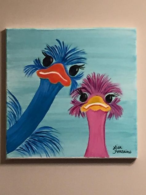 Acrylic Painting on Canvas by Lisa Fontaine.  Ostriches.  Animal. Christmas Paintings On Canvas, Simple Canvas Paintings, Easy Canvas Painting, Acrylic Painting For Beginners, Tableau Art, Simple Acrylic Paintings, Night Painting, Polar Bears, Beginner Painting