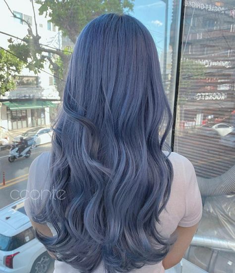 Dusty Blue Hair Color, Grayish Blue Hair, Korean Blue Hair, Bluish Purple Hair, Ash Blue Hair Color, Blue Hair Kpop, Hair Color Bangs, Steel Blue Hair, Ashy Blue Hair