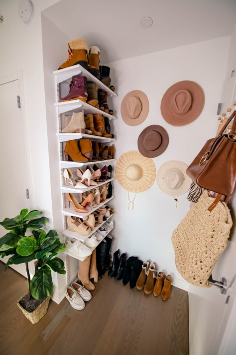 How To Hang Shoe Shelves + A Hat Wall | Katie's Bliss Shoe Storage Ideas For Small Spaces, Storage Ideas For Small Spaces, Shoe Storage Ideas, Wall Shelves Bedroom, Small Bedroom Storage, Hat Wall, Shoe Shelves, Ideas For Small Spaces, How To Hang