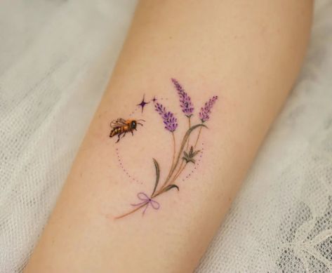 sogeum on Instagram: “Lavender and mini bee🐝” Bee With Lavender Tattoo, Lavender Tattoo With Bee, Coloured Bee Tattoo, Tattoo Ideas Bumblebee, Colour Bee Tattoo, Small Colourful Tattoos For Women, Bumblebee And Flower Tattoo, Bee Lavender Tattoo, Coloured Floral Tattoo