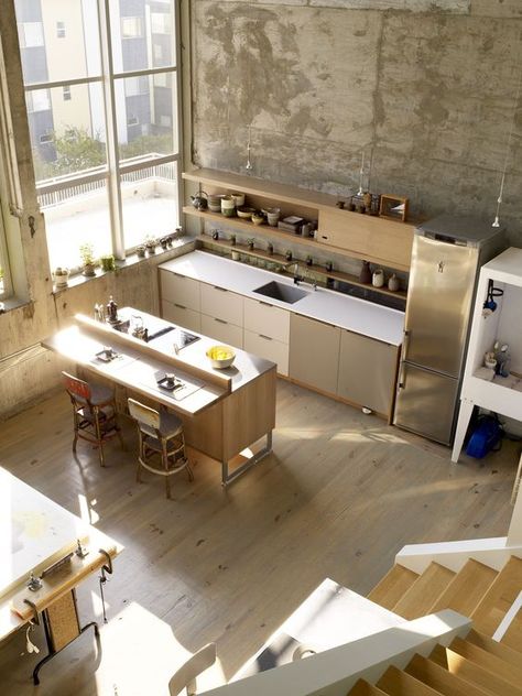 Loft Kitchen Design, Kitchen Loft, Kitchen And Dining Area, Loft Kitchen, Studio Kitchen, Living Modern, Best Kitchen Designs, Spacious Kitchens, Loft Apartment