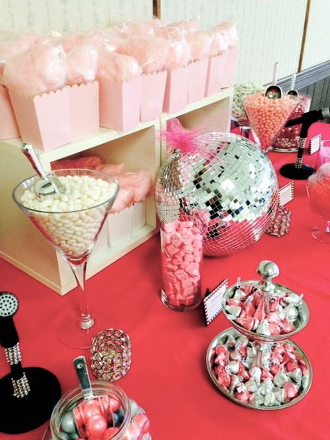 Disco Party Candy Table we made for a birthday Disco Party Snack Table, Disco Candy Table, Disco Party Food Ideas Dessert Tables, Disco Themed Dessert Table, 2000s Candy Table, Disco Party Treat Table, Disco Candy Bar, Disco Snack Table, Disco Party Food Table