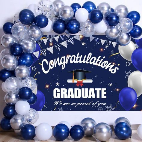 Blue Graduation Decorations, College Graduation Decorations, Balloons Graduation, Blue Graduation Party, Graduation Table Decorations, Graduation Backdrop, Backdrop Decor, Graduation Party Decorations, Blue Graduation