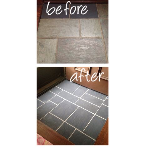 Painted slate floor in entryway using Annie Sloan chalk paint in graphite on tiles and French linen in grout lines. Painting Slate Tile Floors, Remove Paint From Tile, Paint Ceramic Tile, Painting Ceramic Tile Floor, Slate Floor Kitchen, Ceramic Tile Floors, Slate Floor, Slate Tile Floor, Tile Floor Living Room