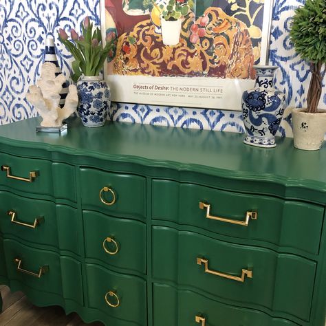 green dresser, gold hardware, painted furniture Waterfall Cabinet Makeover, Green Lacquer Furniture, Green Dresser Makeover, White Powder Room, Lacquered Furniture, Lacquer Dresser, Green Painted Furniture, Green Lacquer, Green Dresser