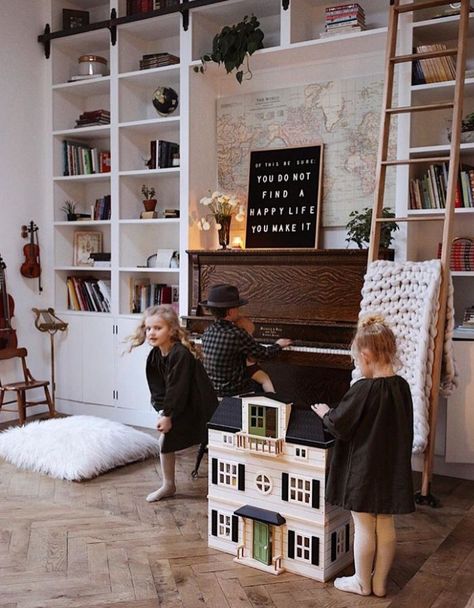 Built ins around piano. Love this by White Shanty Design! Piano Room Decor, Piano Living Rooms, Home Library Rooms, Home Music Rooms, Piano Decor, Piano Room, Home Library Design, A Living Room, Home Library