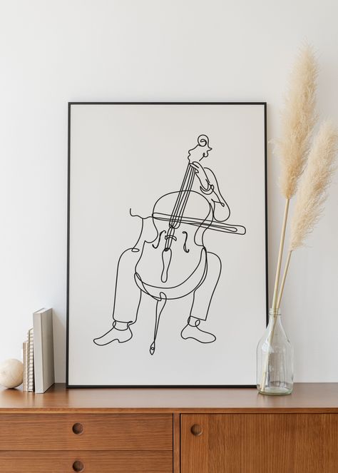 Music Wall Art, Minimalist Cello Line art, Digital Download, Stringed Instrument Print, Room Decoration Gift Cello Illustration, Cello Tattoo, Picture Embroidery, Ideas Cuadros, Black Drawing, Line Art Digital, Simple Sketch, Musical Gift, Music Wall Art