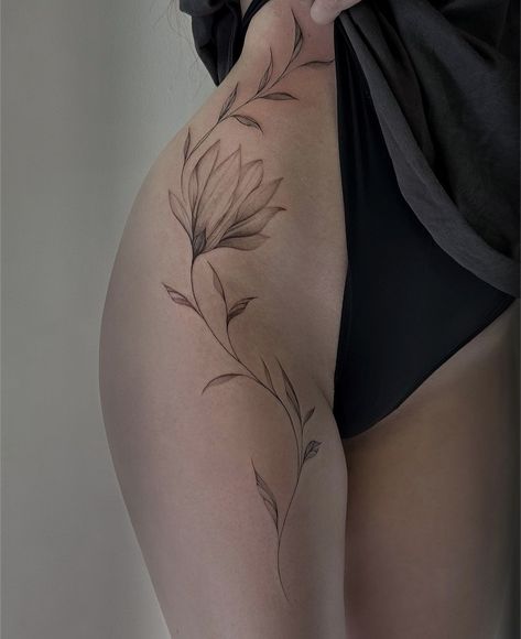 Back Of Leg Tattoo Women, Women Leg Tattoos, Hips Tattoo, Small Thigh Tattoos, Brother And Sister Tattoo Ideas, Back Of Leg Tattoos, Side Hip Tattoos, Sister Tattoo Ideas, Leaves Tattoo