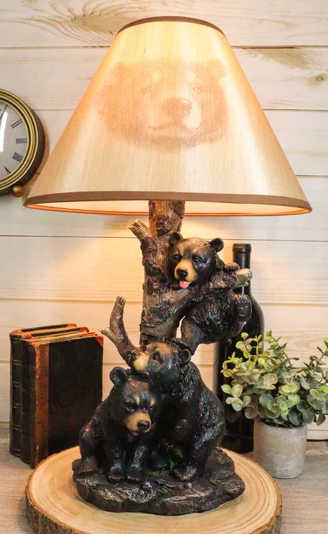 Black Bear Cubs, Black Bear Cub, Little Rascals, Cabin Living Room, Statue Decor, Desktop Lamp, Whimsical Home, Cabin Lodge, Lamp Set