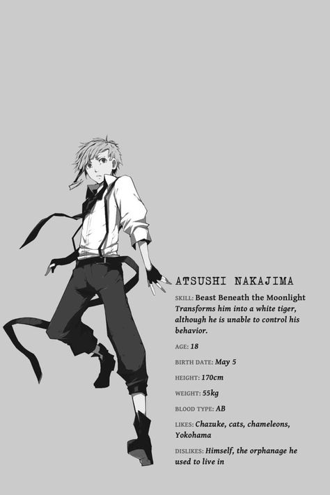 Bungo stray dogs character profile Dog Doctor, Atsushi Nakajima, Bungou Stray Dogs Characters, Dog Info, Character Profile, Bongou Stray Dogs, Stray Dogs Anime, Reading Journal, Classic Literature